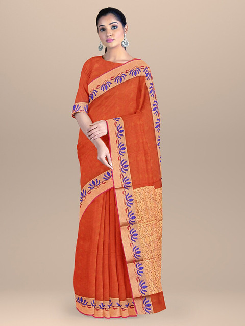 

BharatSthali Orange & Blue Woven Design Zari Silk Cotton Kota Saree