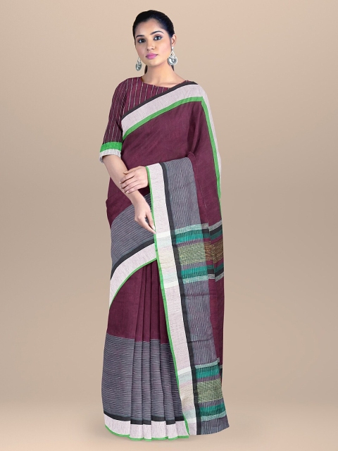 

BharatSthali Purple & Green Zari Pure Linen Mangalagiri Saree