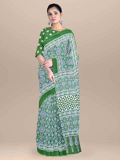 

BharatSthali Green & White Floral Pure Cotton Block Print Saree