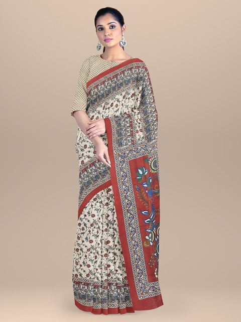 

BharatSthali Cream-Coloured & Red Ethnic Motifs Printed Pure Cotton Block Print Saree