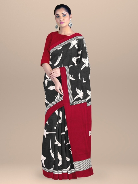 

BharatSthali Black & Maroon Ethnic Motifs Pure Cotton Block Print Saree