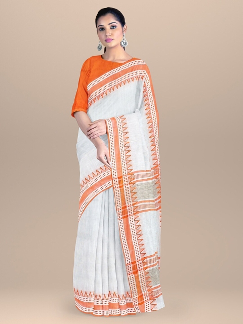 

BharatSthali White & Orange Pure Cotton Maheshwari Saree