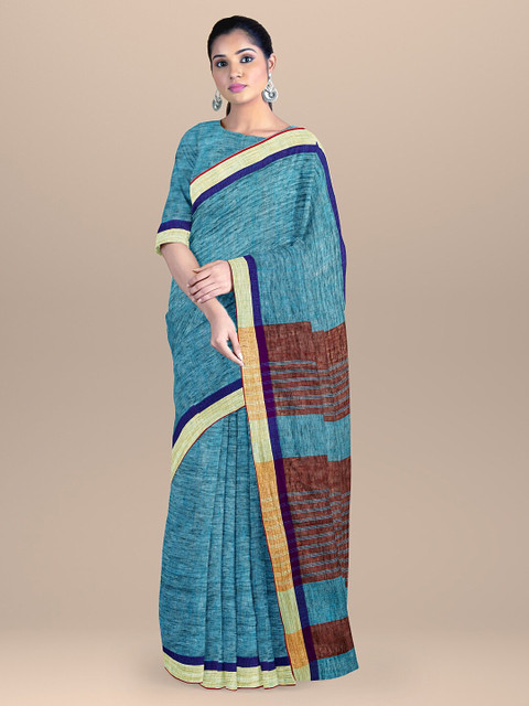 

BharatSthali Blue & Maroon Colourblocked Pure Linen Mangalagiri Saree