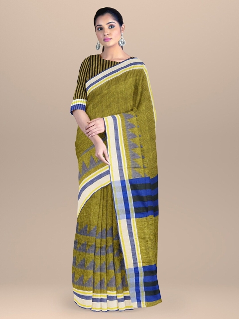 

BharatSthali Olive Green & Blue Pure Linen Mangalagiri Saree