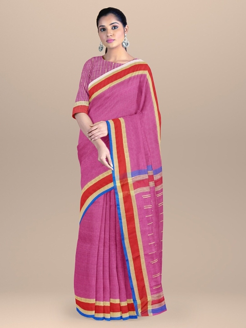 

BharatSthali Pink & Red Mangalagiri Pure Linen Saree