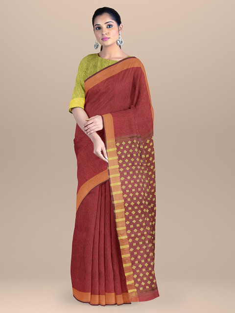 

BharatSthali Red & Gold-Toned Woven Design Zari Pure Linen Mangalagiri Saree