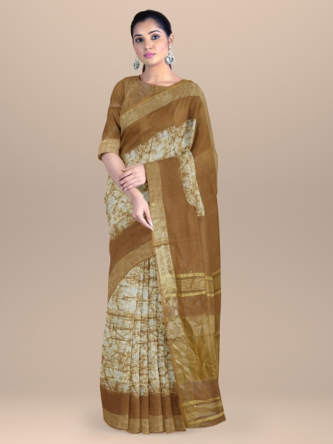 

BharatSthali Brown & Cream-Coloured Zari Pure Linen Narayan Peth Saree