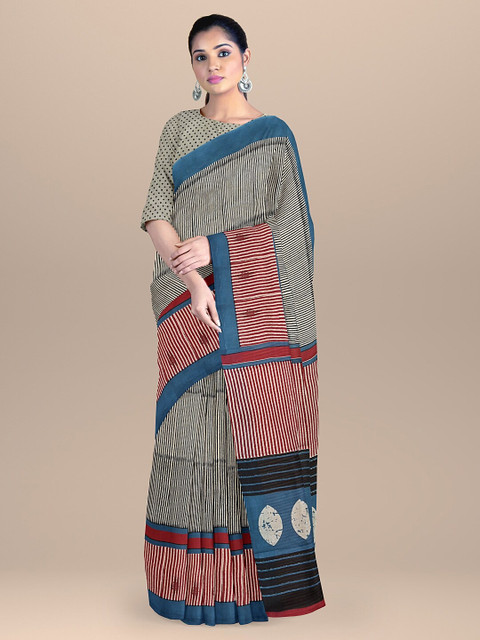 

BharatSthali Grey & Black Striped Zari Pure Cotton Saree