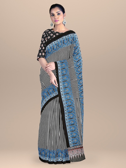 

BharatSthali Black & Blue Striped Pure Cotton Block Print Saree