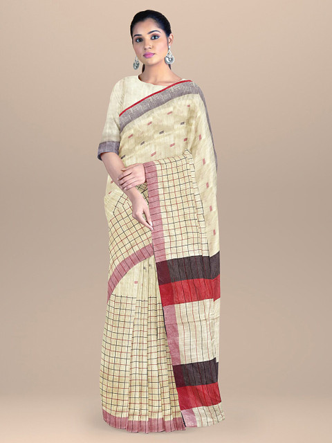

BharatSthali Beige & Silver-Toned Woven Design Zari Pure Cotton Maheshwari Saree