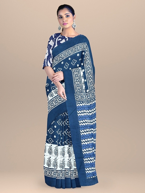 

BharatSthali Blue & White Batik Block Print Pure Cotton Saree