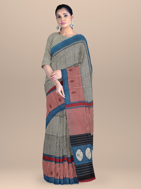 

BharatSthali Black & Blue Striped Pure Cotton Block Print Saree