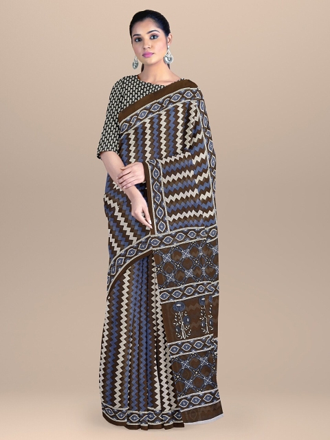 

BharatSthali Brown & Blue Floral Pure Cotton Block Print Saree