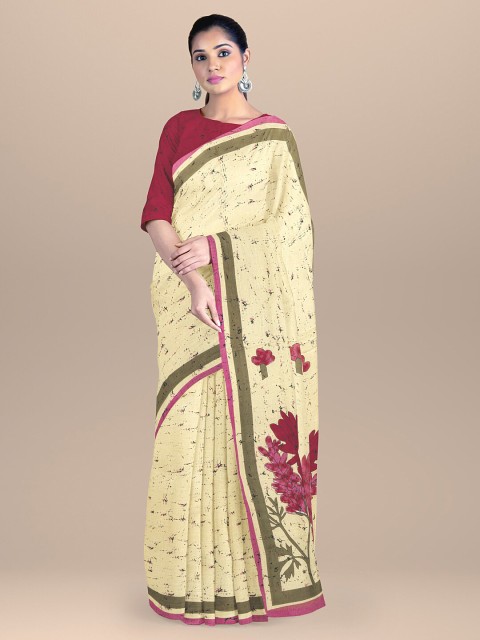 

BharatSthali Cream-Coloured & Magenta Floral Pure Cotton Block Print Handloom Saree