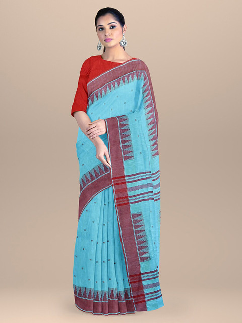 

BharatSthali Blue & Maroon Pure Cotton Maheshwari Saree
