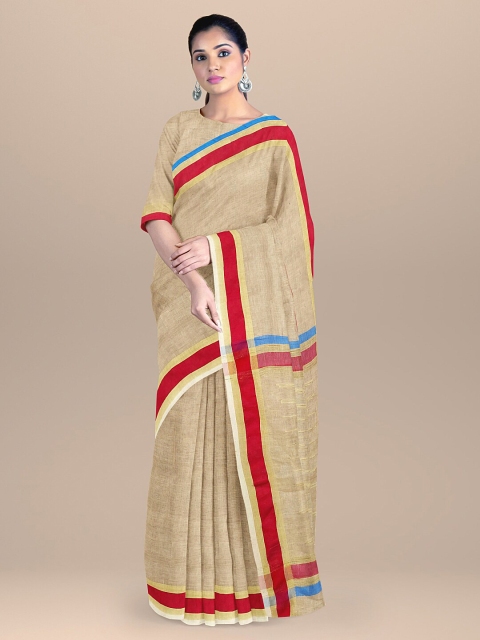 

BharatSthali Beige & Red Zari Pure Linen Mangalagiri Saree