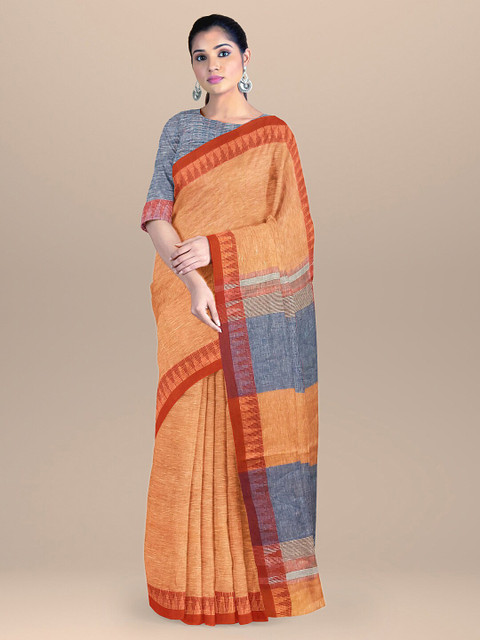 

BharatSthali Peach-Coloured & Maroon Ethnic Motifs Mangalagiri Pure Linen Saree