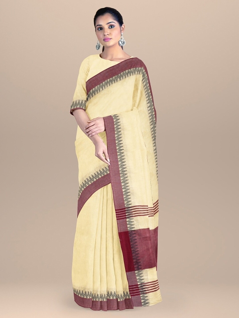 

BharatSthali Cream-Coloured & Maroon Pure Cotton Maheshwari Saree