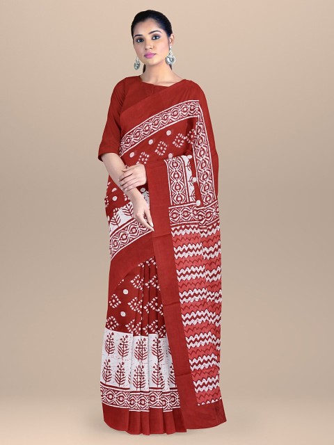 

BharatSthali Red & White Ethnic Motifs Pure Cotton Block Print Saree