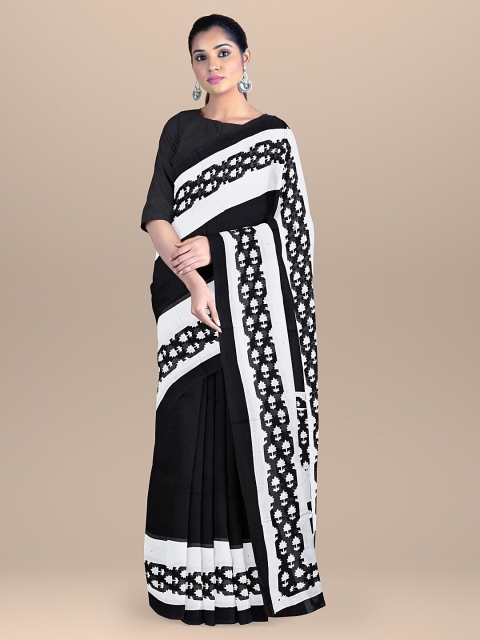 

BharatSthali Black & White Floral Pure Cotton Block Print Handloom Saree