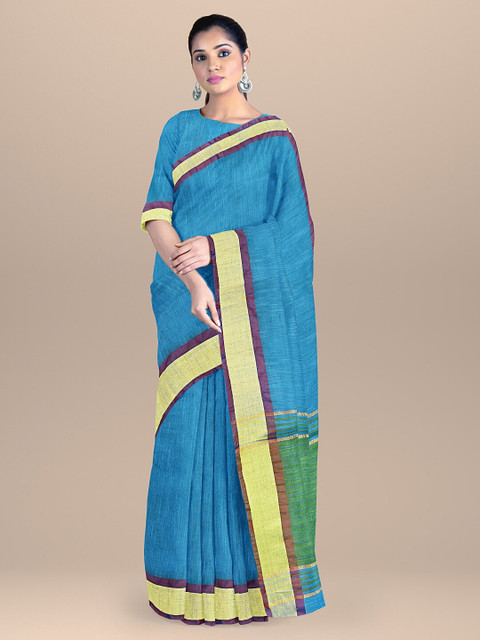 

BharatSthali Blue & Yellow Zari Silk Cotton Mangalagiri Saree