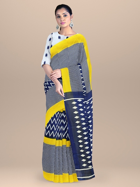 

BharatSthali Blue & Yellow Ethnic Motifs Pure Cotton Block Print Saree