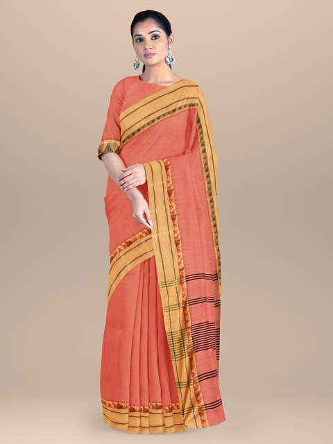 

BharatSthali Peach-Coloured & Yellow Striped Zari Silk Cotton Maheshwari Saree