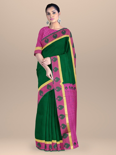 

BharatSthali Green & Pink Ethnic Motifs Block Print Silk Cotton Saree