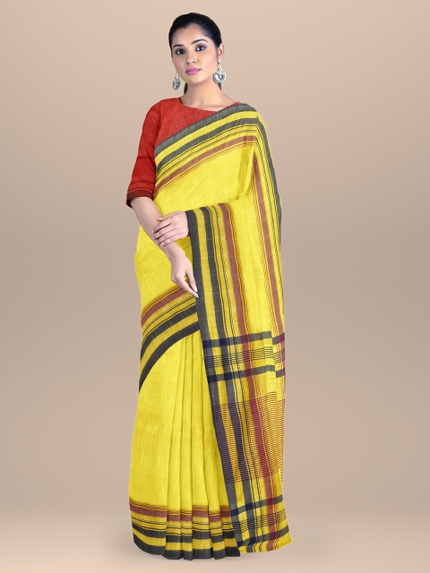 

BharatSthali Yellow & Black Striped Pure Cotton Maheshwari Saree