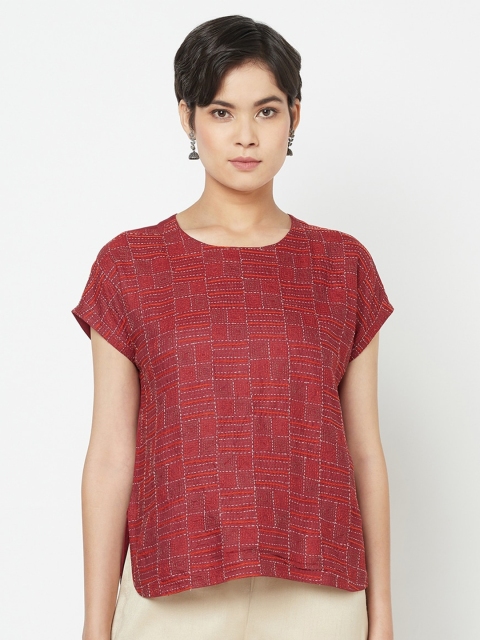 

Fabindia Maroon & White Embroidered Extended Sleeves Top