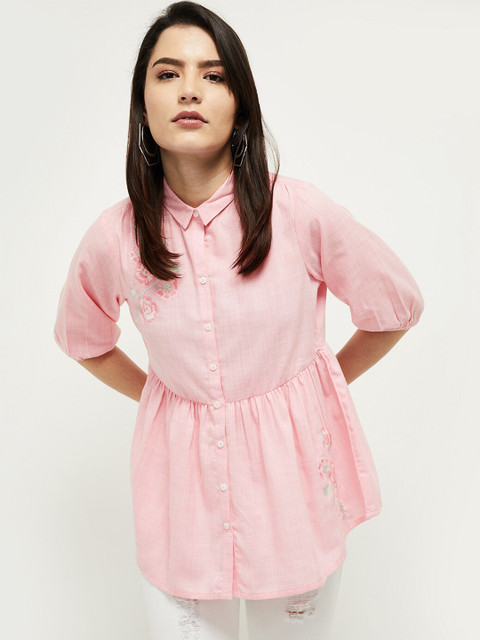 

max Pink Embroidered Shirt Style Longline Top