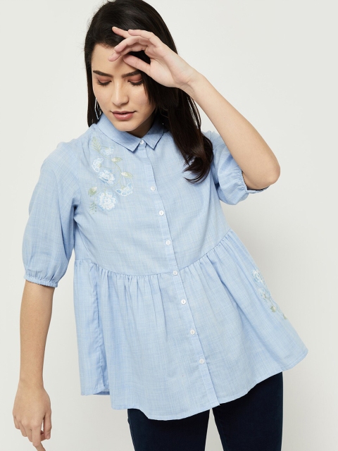 

max Blue Striped Embroidered Shirt Style Top
