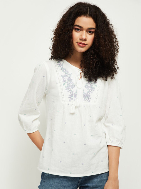 

max White & Grey Floral Embroidered Regular Top