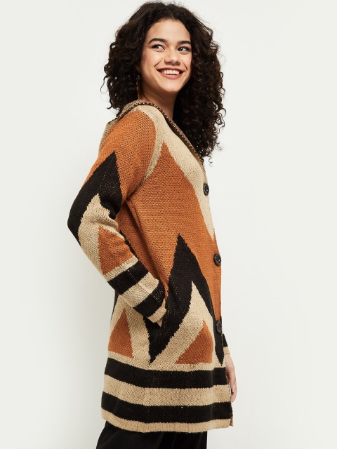 

max Women Beige & Brown Printed Acrylic Longline Cardigan