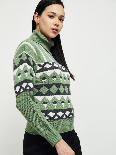 

max Women Green & Off-White Argyle Pure Acrylic Pullover Sweater