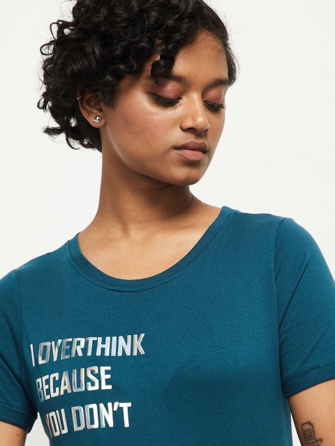 

max Women Teal & Silver-Toned Typography Printed T-shirt