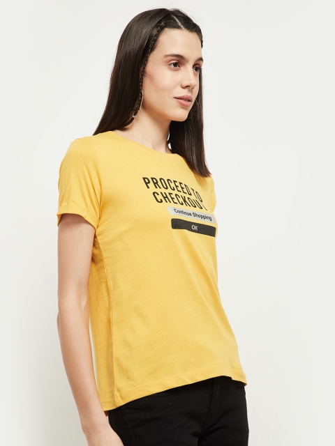 

max Women Yellow Typography Printed Cotton T-shirt