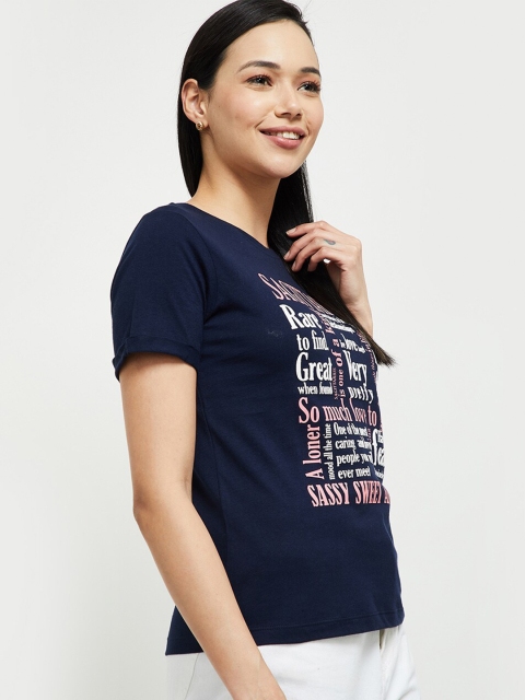 

max Women Navy Blue Typography Printed Cotton T-shirt