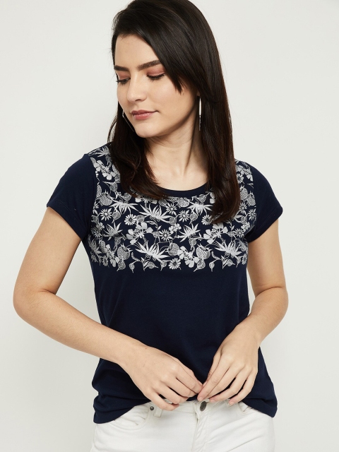 

max Women Navy Blue Printed High Neck Pockets T-shirt