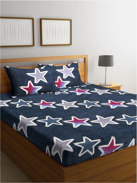 

Molly & Michel Navy Blue & Magenta 144 TC Queen Bedsheet with 2 Pillow Covers