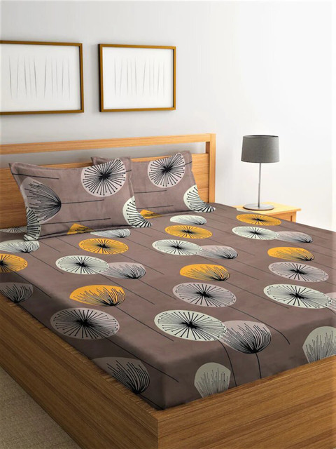

Molly & Michel Beige & Mustard Floral Printed 144 TC Queen Bedsheet With 2 Pillow Covers