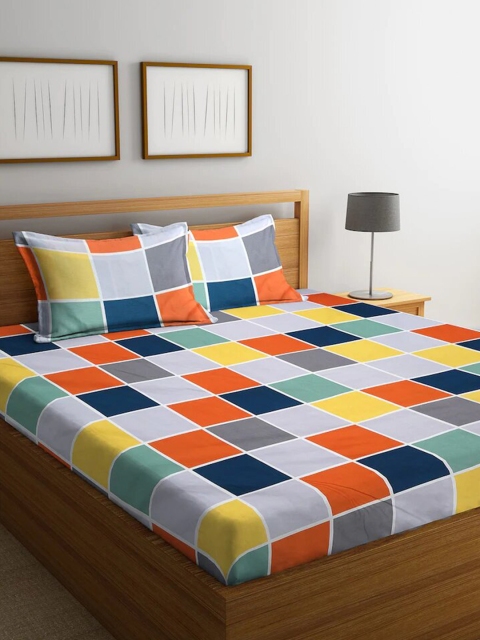 

Molly & Michel Orange & Blue Geometric 144 TC Queen Bedsheet with 2 Pillow Covers