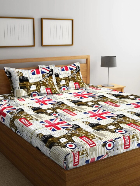 

Molly & Michel Red & Off White Graphic 144 TC Queen Bedsheet with 2 Pillow Covers