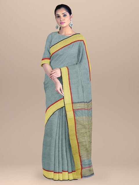 

BharatSthali Grey & Red Pure Linen Mangalagiri Saree