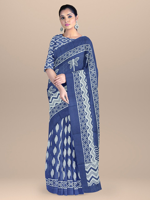

BharatSthali Blue & White Ethnic Motifs Pure Cotton Block Print Saree