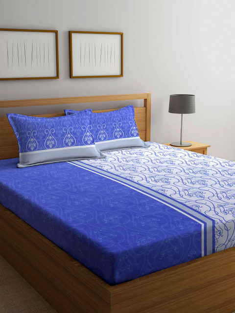 

BOMBAY DYEING Blue & White Ethnic Motifs Cotton 144 TC Queen Bedsheet With 2 Pillow Covers