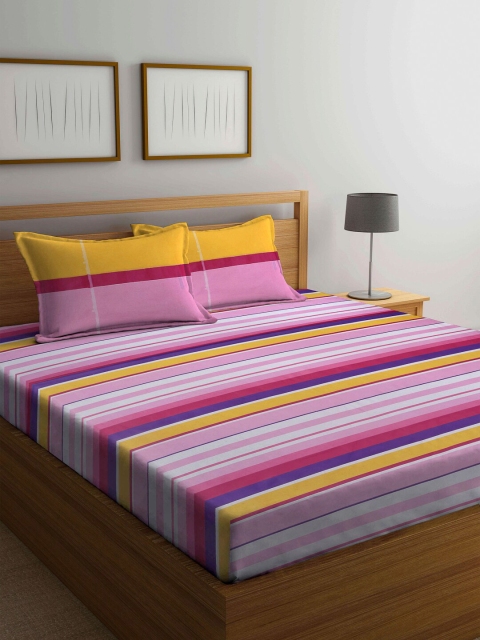

BOMBAY DYEING Pink & Blue 144 TC Queen Bedsheet with 2 Pillow Covers
