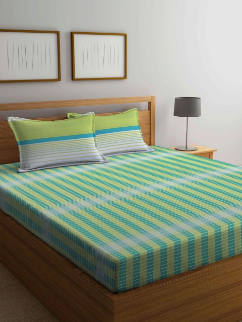 

BOMBAY DYEING Green & White Striped 110 TC Queen Bedsheet with 2 Pillow Covers