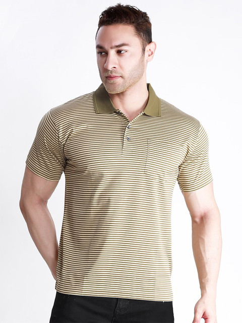 

Dream of Glory Inc Men Beige Striped Polo Collar Pockets Outdoor T-shirt