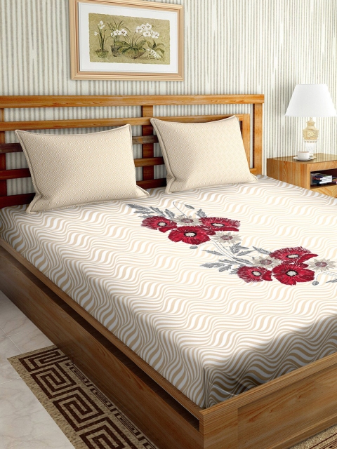 

BELLA CASA Beige & Red Floral 150 TC King Bedsheet with 2 Pillow Covers